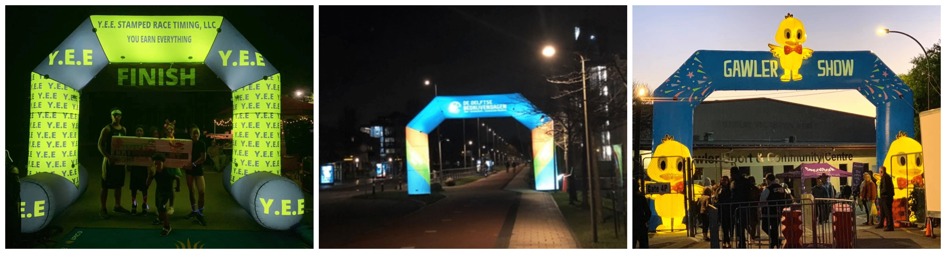 Inflatable Arches Collage Je aangepaste boog kan worden verlicht met LED's. Dit maakt het een fantastische blikvanger, zelfs 's avonds laat
