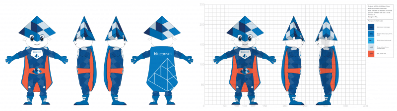Blue Prism Mascot Design Productietekening voor een mascottepak ontworpen door Promo Bears ontwerper Renze
