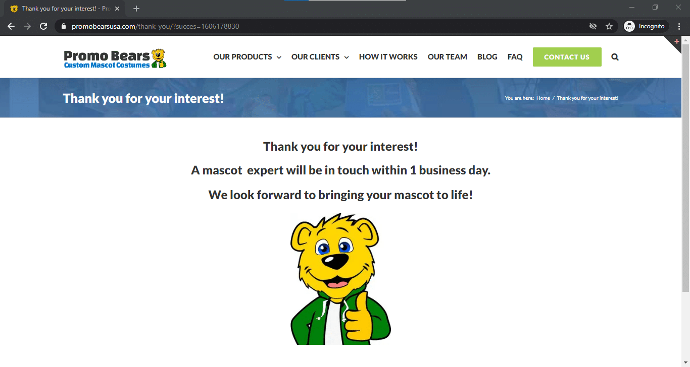 Thank You Page - Ben the Bear with Thumbs Up