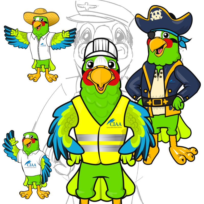 Cayman-Islands-Airport-Authority-Reference-Project-Mascot-Poses-Promo-Bears- Geïllustreerde mascotte poses van een papegaai mascotte: piraat, vakantie, bouw en merk shirt vogel