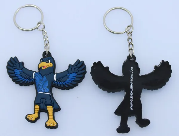 Reference-2D-Mascot-Key-chains-by-Promo-Bears-Glendal-Raptors-scaled Custom sleutelhanger in de vorm van een vogel met webadres op de achterkant gedrukt