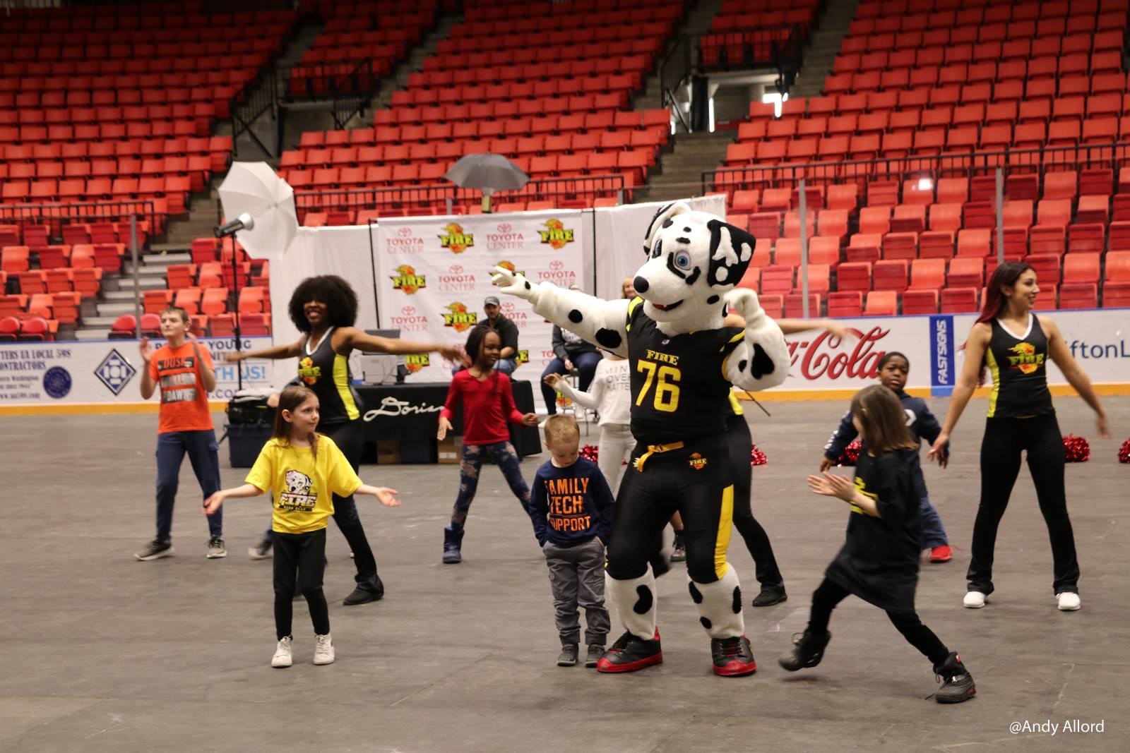 Tri-Cities-Fire-Sparky-Mascot Dalmation school mascot dancing with children