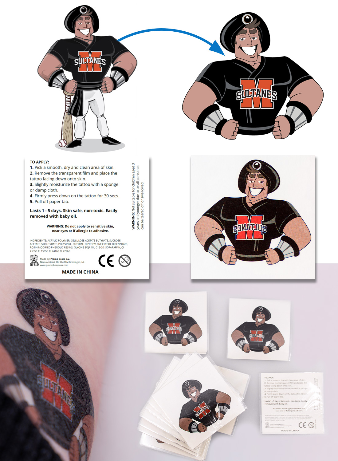 Bij Promo Bears kun je van elk ontwerp een zelfklevende tattoo van hoge kwaliteit laten maken.