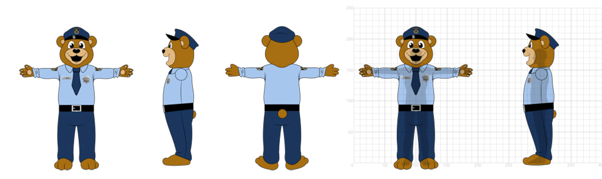 Sacramento-PD-Sammy-the-Safety-Bear-Concept-by-Promo-Bears Productieillustratie van een politiebeer mascotte pak van de Sacramento Police Department