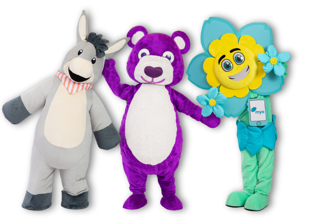 3 verschillende mascottes rie mascottes in verschillende complexiteitsniveaus (eenvoudig opblaasbaar, standaard volledig pak, gedetailleerde premium mascotte)