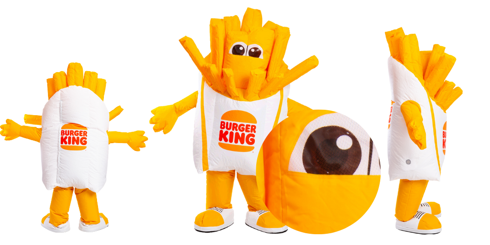 Inflatable Mascot Pakken Links zie je een opblaasmascotte van Oxford stof en rechts een opblaasmascotte met een laag zachte stof over de luchtdichte Oxford hoes.