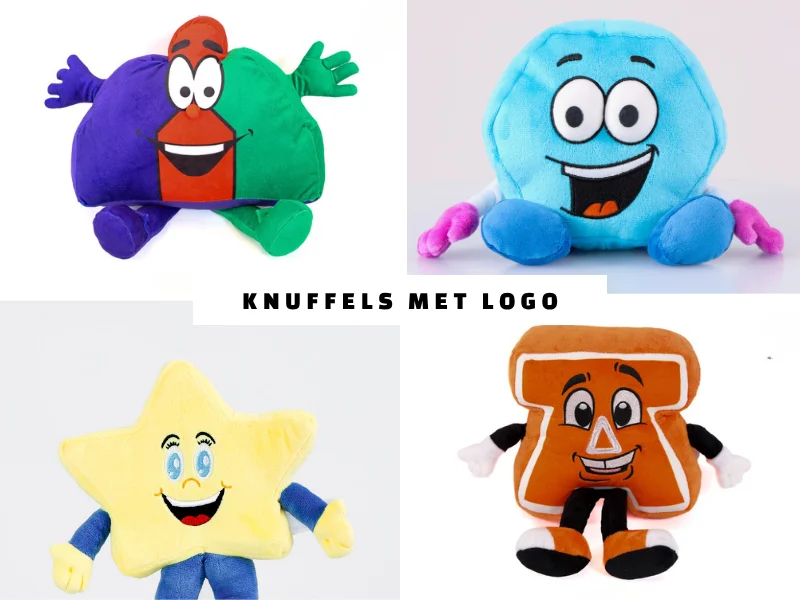 Collage of four colorful plush characters (purple-green blob, blue round face, yellow star, orange square) with the text 'Knuffels met logo' in the center.